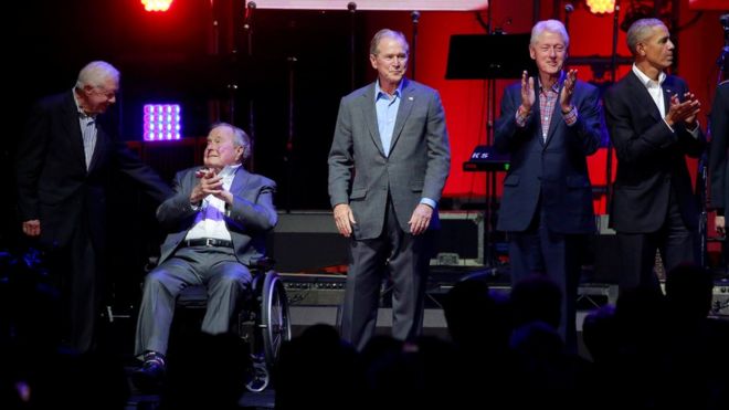 Five former U.S. presidents, Jimmy Carter, George H.W. Bush, George W. Bush, Bill Clinton, and Barack Obama attend a concert at Texas AM University benefiting hurricane relief efforts in College Station, Texas, U.S., 21 Octobe, 2017