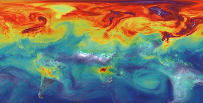 Mapa que rastrea las emisiones de CO2. (Crédito: NASA-JPL)