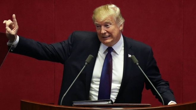 US President Donald Trump speaks at the National Assembly on 8 November 2017 in Seoul, South Korea