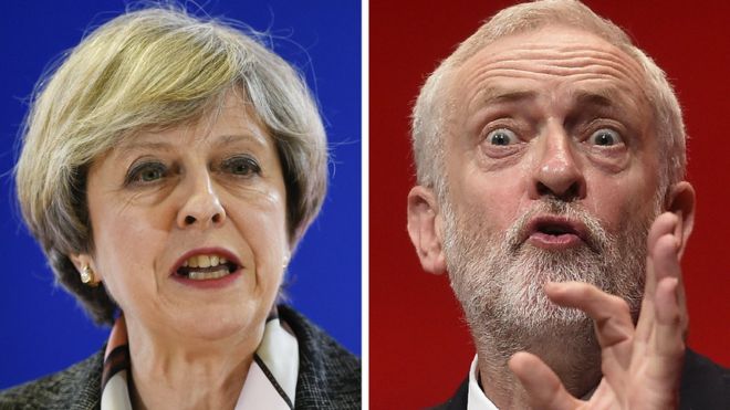 Thủ tướng Anh Theresa May, lãnh đạo đảng Bảo thủ, và ông Jeremy Corbyn, lãnh đạo đảng Lao động đối lập