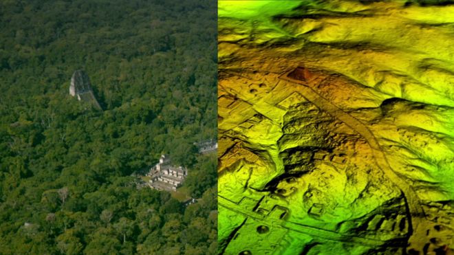 A split image with one side showing an aerial look on Mayan ruins in Guatemala's northern jungle, and the other side showing a digital landscape that strips away the forest canopy to reveal structures under the ground.