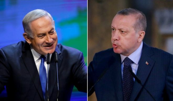 Collage photograph of Netanyahu and Erogan from latest public appearances