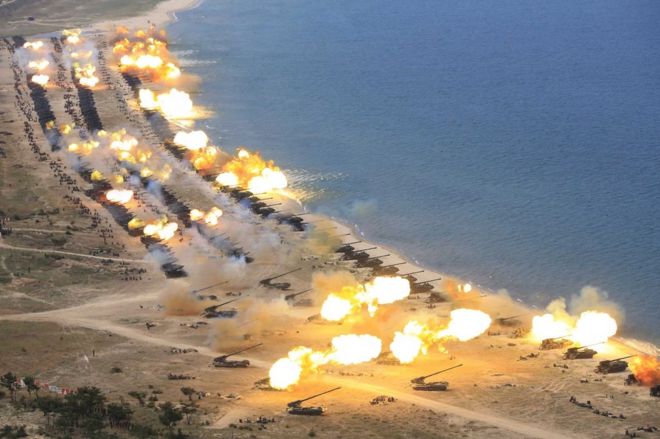 An undated photograph released by the Korean Central News Agency (KCNA) on 26 April 2017 shows the combined fire demonstration of the services of the Korean People"s Army in celebration of its 85th founding anniversary, at an undisclosed location in North Korea