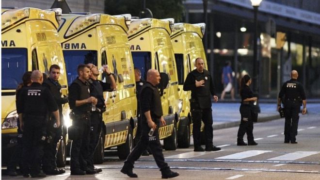 Paramedics are seen near to the scene of a terrorist attack in the Las Ramblas area on 17 August 2017 in Barcelona, Spain.