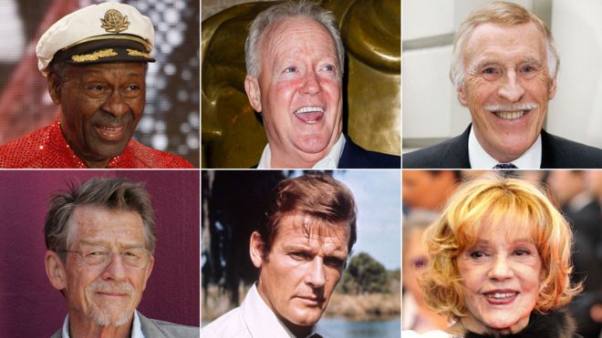 Clockwise from top left: Chuck Berry, Keith Chegwin, Bruce Forsyth, Jeanne Moreau, Roger Moore and John Hurt