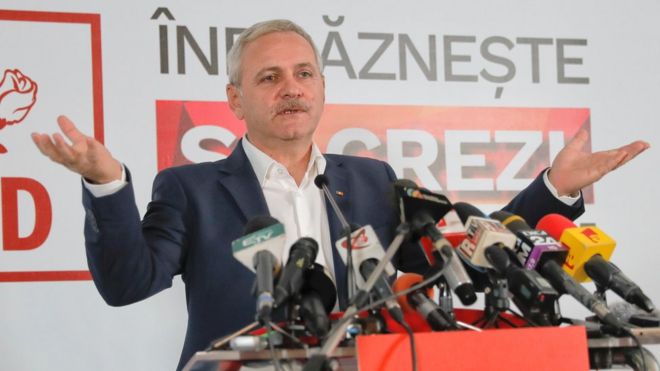 The head of the Social Democrat Party, Liviu Dragnea, speaks to media after exit polls were announced in the parliamentary elections in Bucharest, Romania,