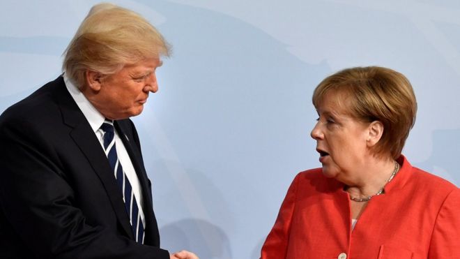 Hasil gambar untuk president trump disambut oleh kanselir jerman KTT G20