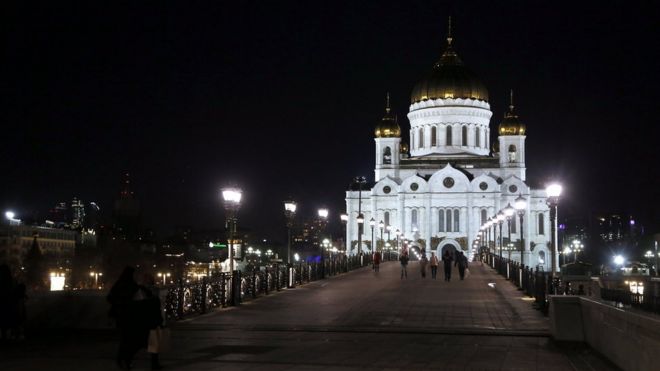 Christ the Saviour Cathedral with its illumination switched on before Earth Hour, in Moscow, Russia