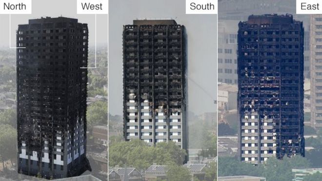 Images show fire damage around the tower block