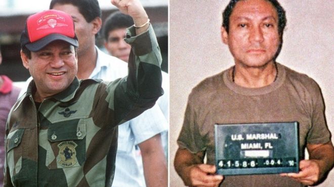 General Manuel Noriega in October 1989 in Panama (L) and in January 1990 in Miami