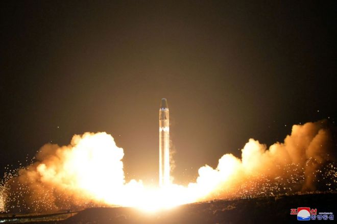 This photo taken on 29 November 2017 and released on November 30, 2017 by North Korea's official Korean Central News Agency (KCNA) shows launching of the Hwasong-15 missile which is capable of reaching all parts of the US.