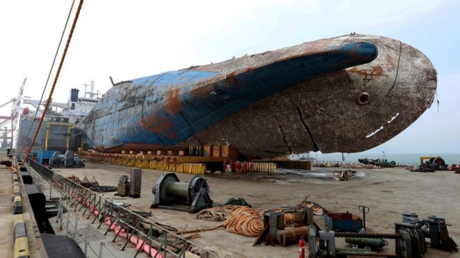 Sewol sitting on a semi-submersible transport vessel, arrived at a port in Mokpo