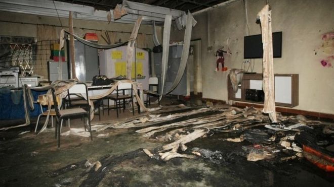 View inside the municipal daycare centre where a watchman sprayed children with alcohol and set them on fire in Janauba, Minas Gerais State, on October 5, 2017