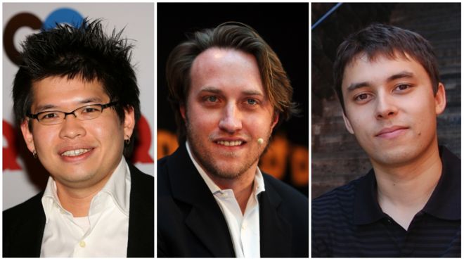 Steve Chen, Chad Hurley y Jawed Karim en tres imágenes separadas