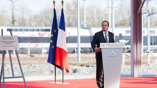 President Hollande of France makes a speech in western France which was interrupted by shots accidentally discharged by a police sniper, 28 February 2017