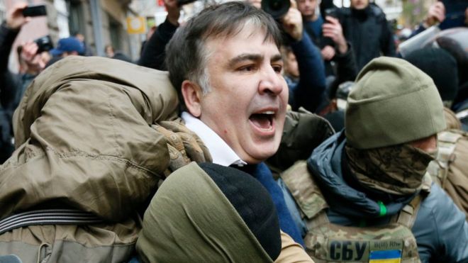 Georgian former President Mikheil Saakashvili is detained by officers of the Security Service of Ukraine