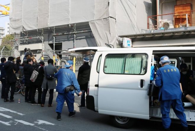 Hyogo prefectural police are pictured at the scene