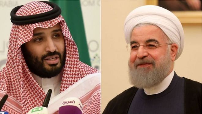Príncipe saudita Mohammed bin Salman (izquierda) y el presidente de Irán, Hassan Rouhani