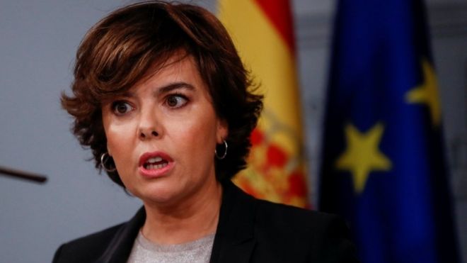 Spain's deputy prime minister Soraya Saenz de Santamaria speaks during a news conference at the Moncloa Palace in Madrid, Spain, 16 October 2017