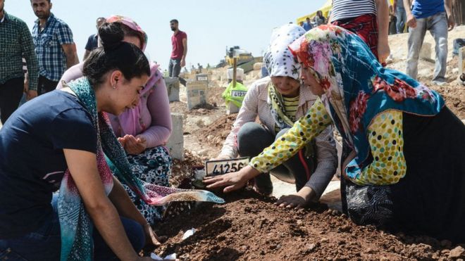 Women gesture as they kneel by a grave at a cemetery during the funeral for the victims of last night's attack on a wedding party that left 50 dead in Gaziantep in south-eastern Turkey near the Syrian border on August 21, 2016.