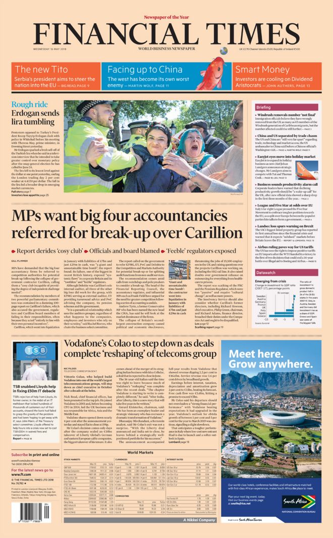 The Financial Times' Wednesday front page