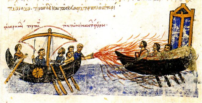 Fuego griego lanzado de un barco bizantino