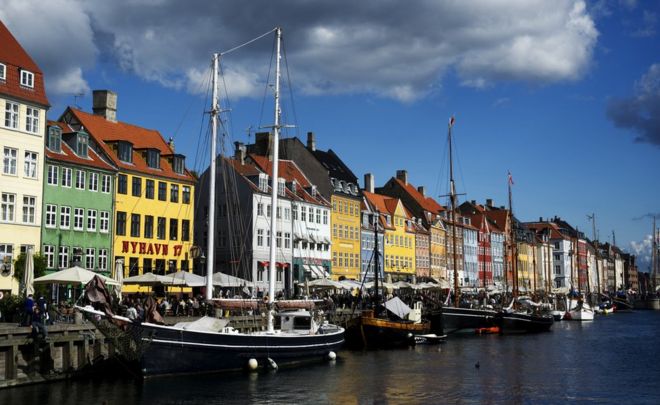 A canal in Copenhagen lined with attractive multi-coloured buildings