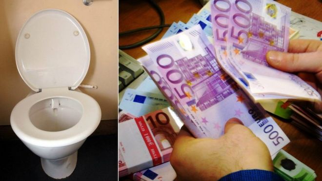 A toilet and then the 500 euro notes on a collage side by side