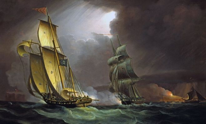 A smuggling lugger chased by a naval brig, by Thomas Butterworth. National Maritime Museum, London