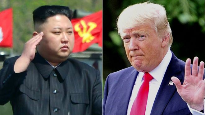 Rais Kim jong Un na Donald Trump Kulia