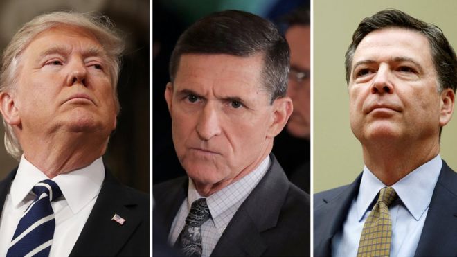 Tổng thông Trump, ông Michael Flynn và ông James Comey