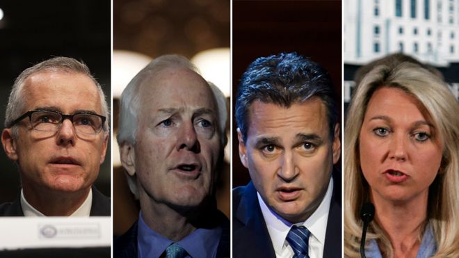 From left to right: Acting FBI Director Andrew McCabe, Republican Senator John Cornyn, New York Appeals Court Judge Michael Garcia and lawyer Alice Fisher
