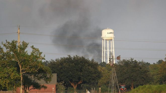 Smoke rises above the Arkema plant at Crosby near Houston. 1 Sept 2017