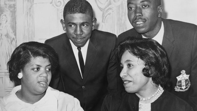 Linda Brown Smith (1st from left), Ethel Louise Belton Brown, Harry Briggs, Jr., and Spottswood Bolling, Jr. during press conference at Hotel Americana