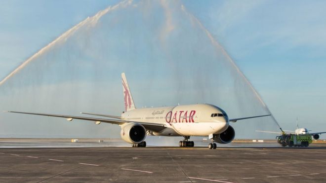 Qatar's Boeing 777-200LR is welcomed with water cannon shower on Monday in Auckland