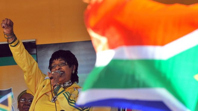 A file photo of Winnie Madikizela-Mandela addressing members of South Africa"s ruling party African National Congress (ANC) during a street party on June 04, 2010