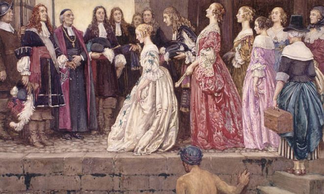 La escena de esta pintura retrata a algunas de las mujeres que llegaron a Quebec para casarse con canadienses de origen francés. (Pintura de Eleanor Fortescue-Brickdale del Archivo de Canadá / Wikimedia Common)