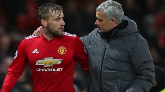 Luke Shaw and Jose Mourinho during Man Utd's win over Bournemouth in December