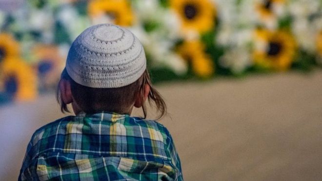 Boy wearing a Jewish skullcap, or kippa