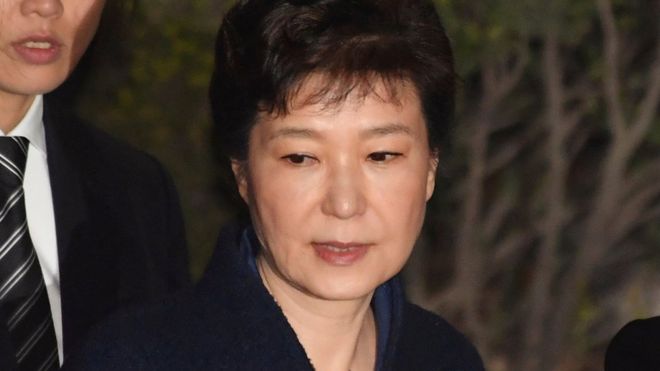 Ousted South Korean President Park Geun-hye leaves after hearing on a prosecutors' request for her arrest for corruption
