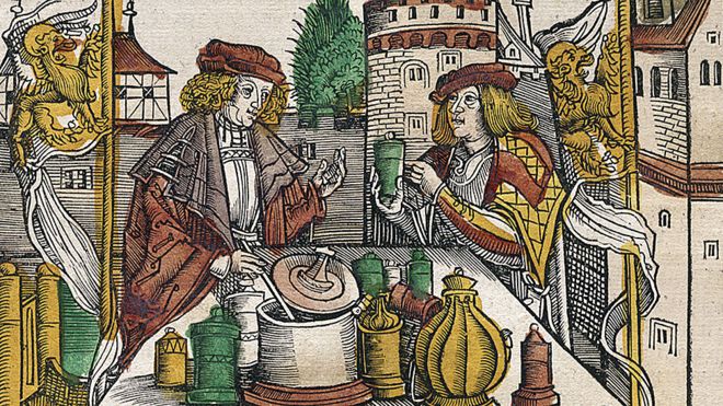 ilustración del siglo XVI de alquimistas preparando triaca del libro del cirujano y alquimista alemán Hieronymus Brunschwig.
