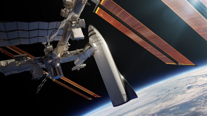 Ilustração do BFR atracado na Estação Espacial Internacional