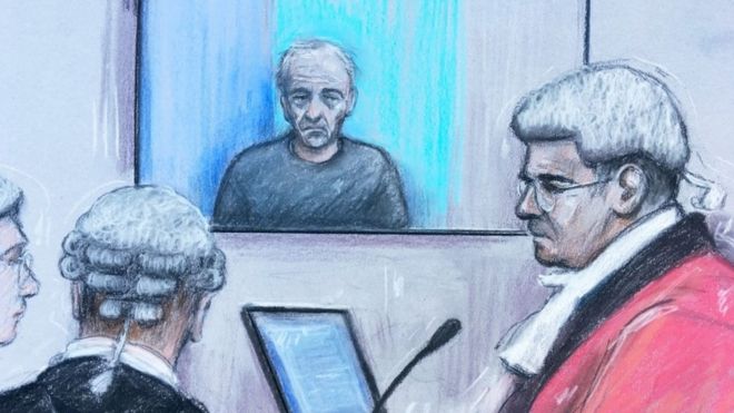Court artist sketch by Elizabeth Cook of Barry Bennell appearing via videolink at Liverpool Crown Court
