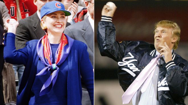 Hillary Rodham Clinton throws out the first pitch to open the Chicago Cubs season at Wrigley field in Chicago on 4 April 1994 / Donald Trump throws out the first pitch before the New York Yankees faced the Houston Astros on 12 March 2004