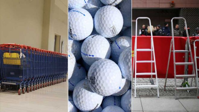 Shopping trolley, golf balls and ladders