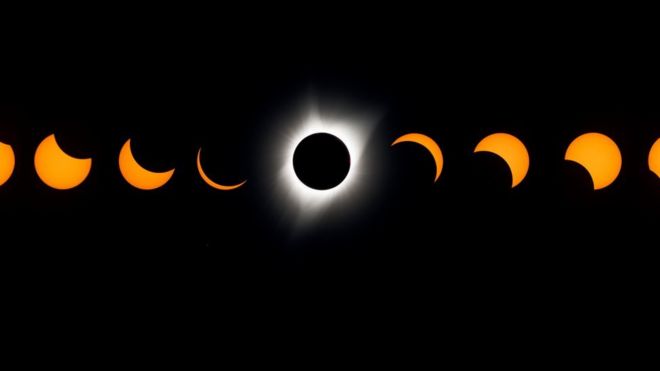 A composite image of the total solar eclipse seen from the Lowell Observatory Solar Eclipse Experience August 21, 2017 in Madras, Oregon.