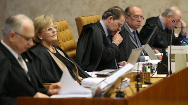 Cinco dos onze ministros do SF sentados em uma bancada no plenário da corte