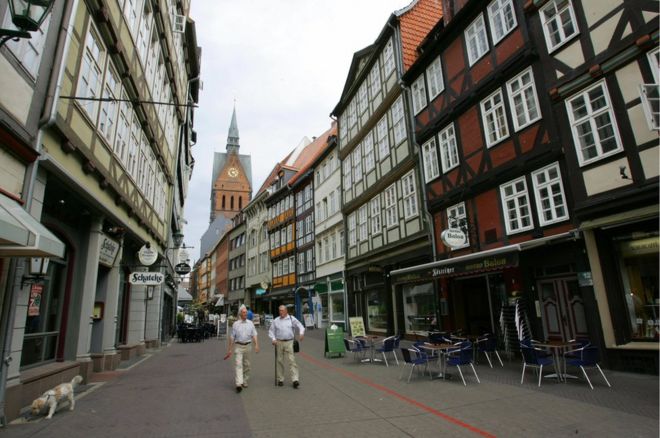 A street with typical half-timbered houses in the centre of Hanover is seen on 24 June 2005