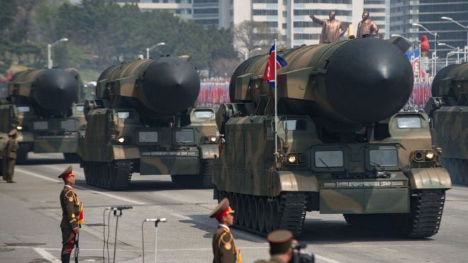 Rockets are displayed during a military parade marking the 105th anniversary of the birth of late North Korean leader Kim Il-Sung in Pyongyang on April 15, 2017.