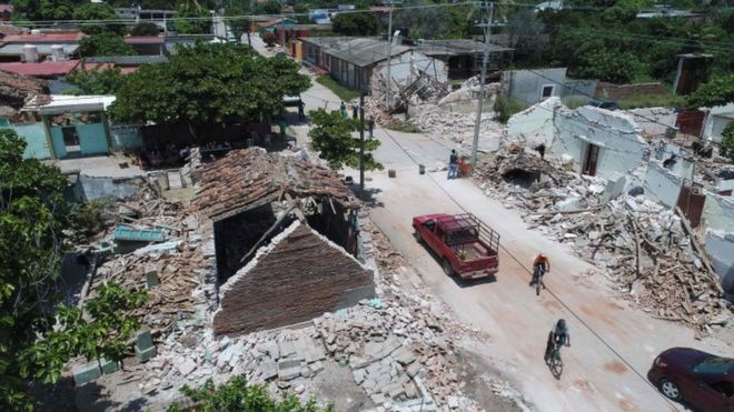 Aerial shot of damages housing reduced to rubble in Ixtaltepac, Oaxaca